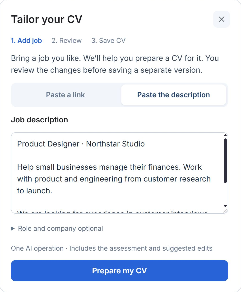 The complete Tailor your CV form: paste a link or description, then prepare a job-specific version.
