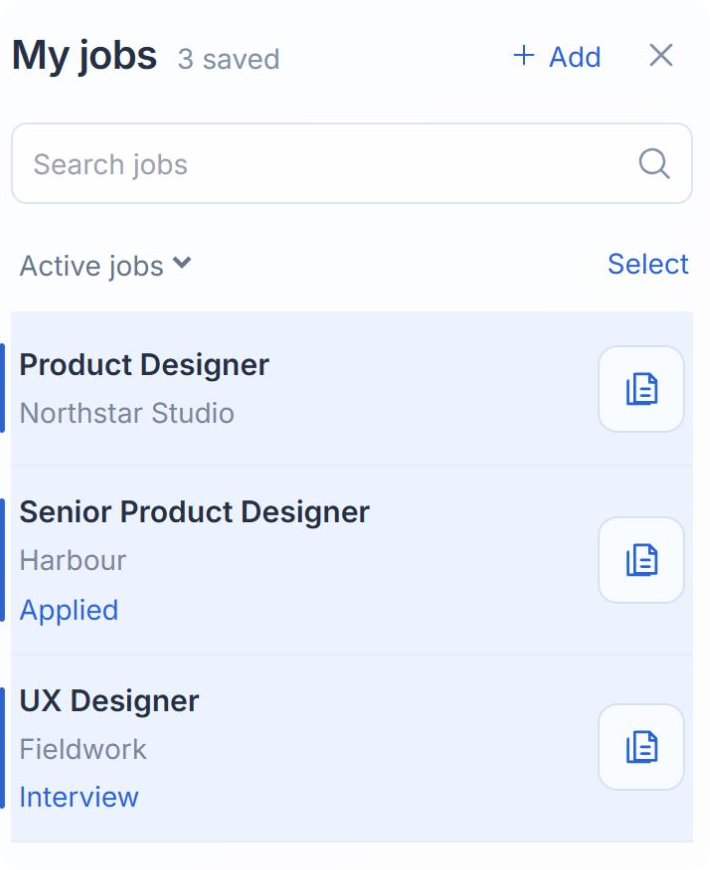My jobs with three fictional opportunities, their application stages and links to their CVs.