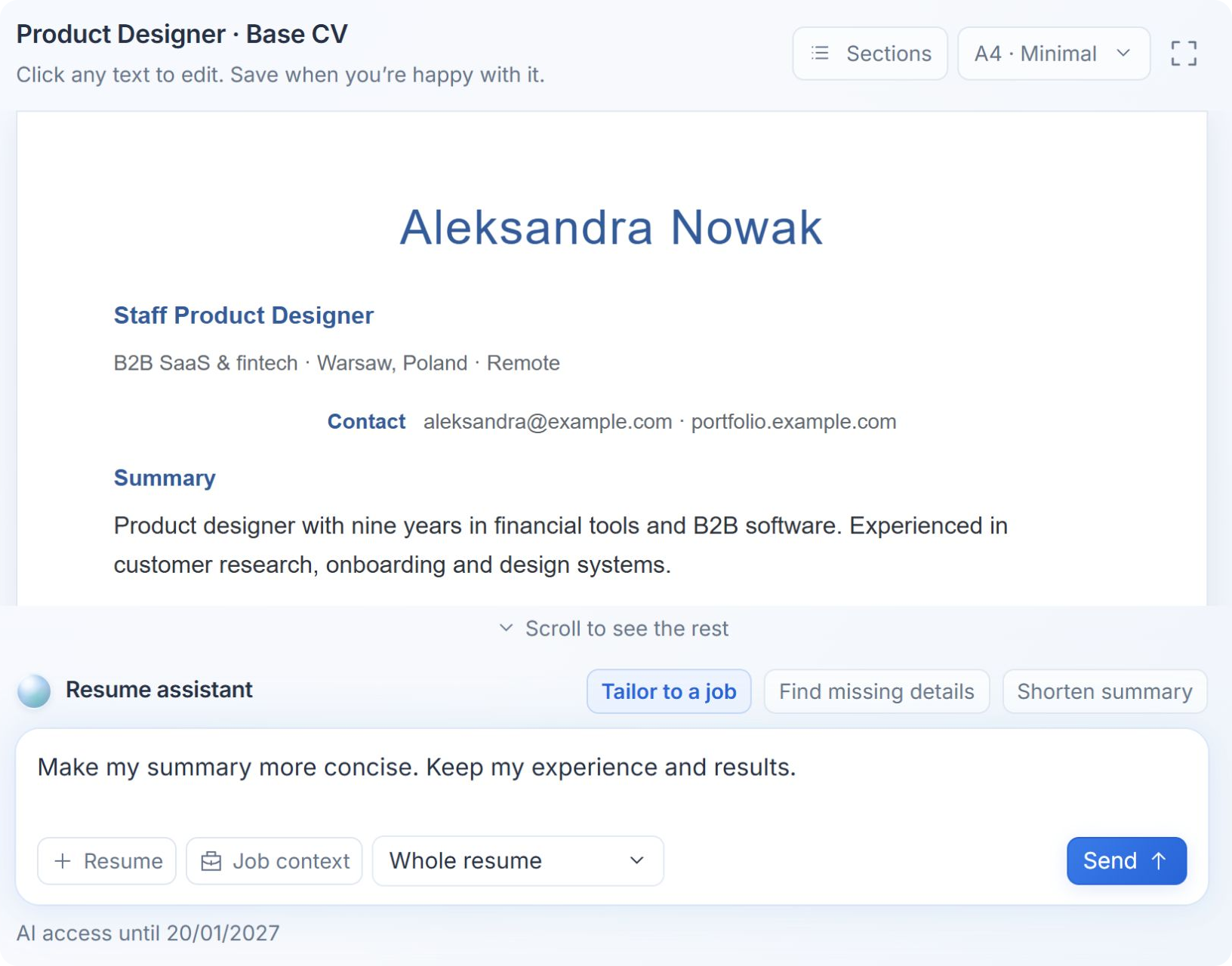 A CV in the MorphicID editor with its AI assistant below. The example asks to shorten a summary while preserving experience and results. Fictional demo data.